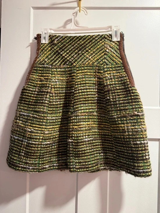 Etro Green Tweed Circle Skirt with Brown Side Panels - Picture 1 of 12